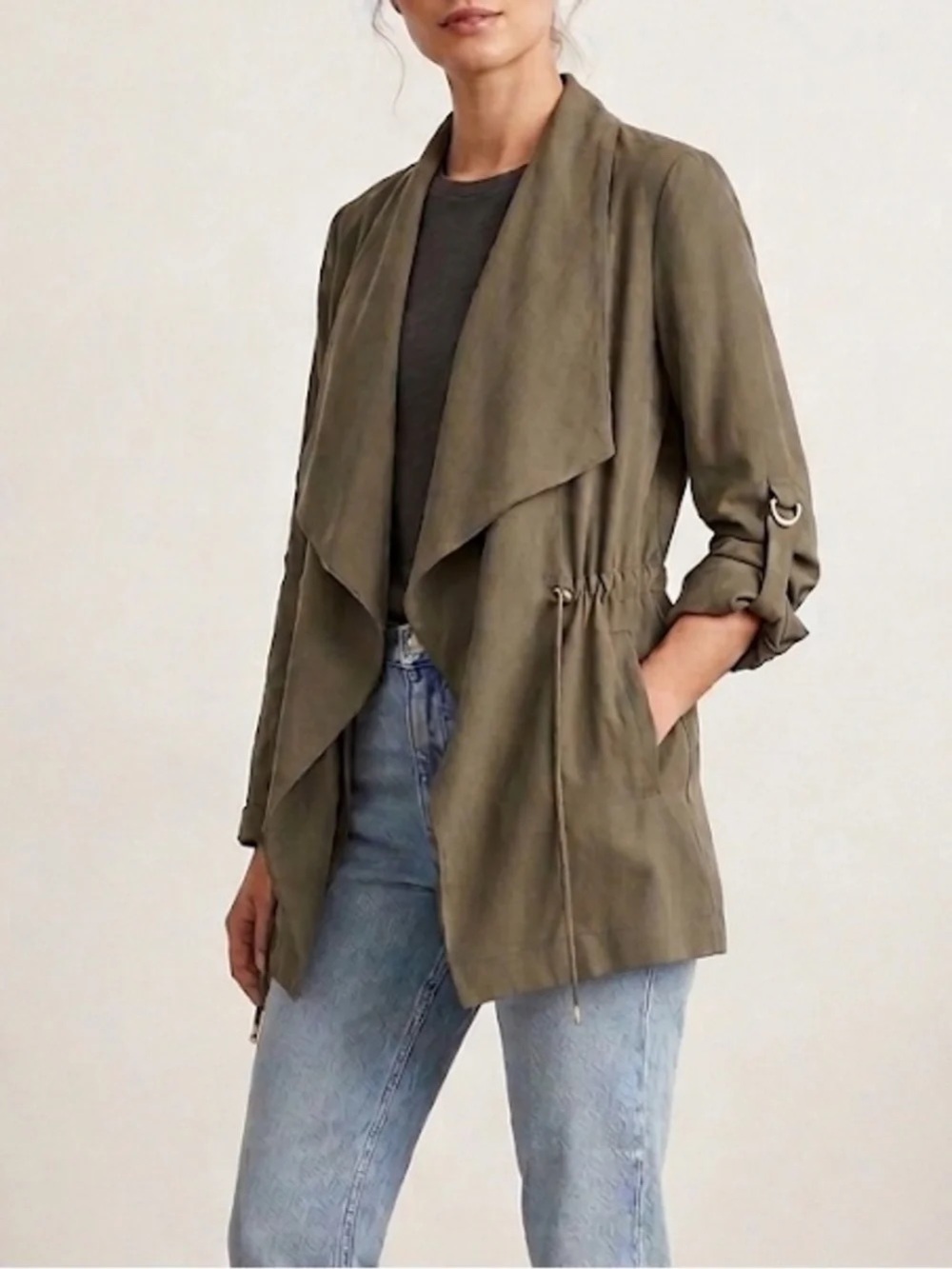 Zara Olive Drawstring Waterfall Drape Front Utility Jacket Lyocell Size S